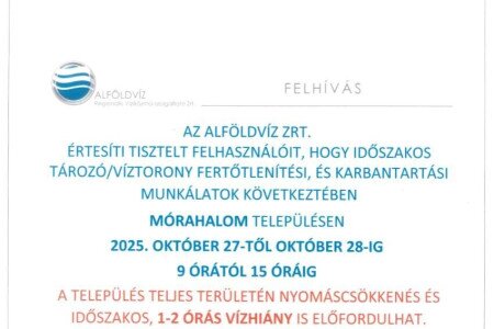 FIGYELEM, MÓRAHALOM! – IDEIGLENES VÍZHIÁNY VÁRHATÓ!