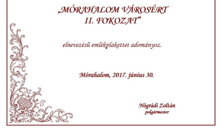 Mórahalom városért  Emlékplakett II. fokozat