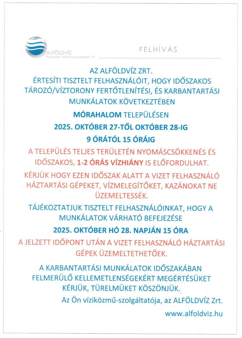 FIGYELEM, MÓRAHALOM! – IDEIGLENES VÍZHIÁNY VÁRHATÓ!
