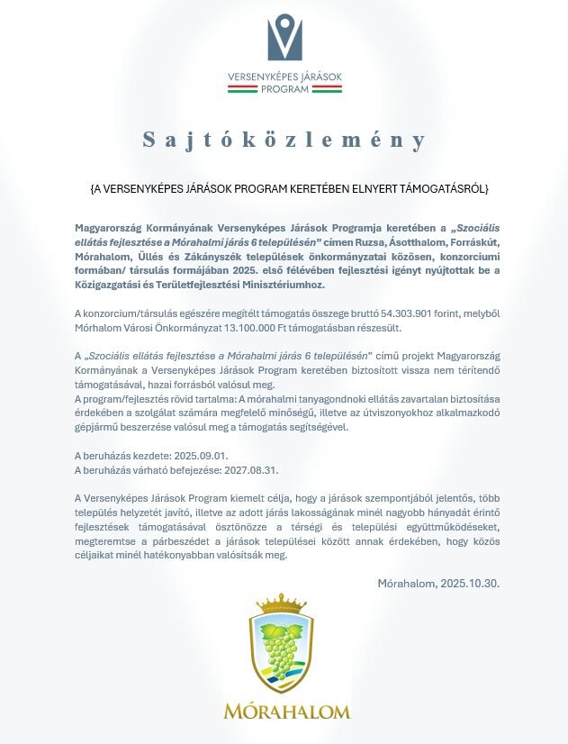 Sajtóközlemény a versenyképes járások program keretében elnyert támogatásról