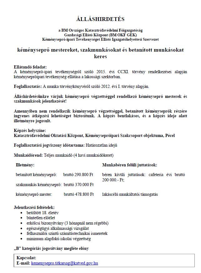 Vármegyei álláslehetőség - kéményseprő