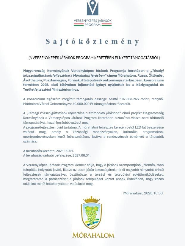 Sajtóközlemény a versenyképes járások program keretében elnyert támogatásról